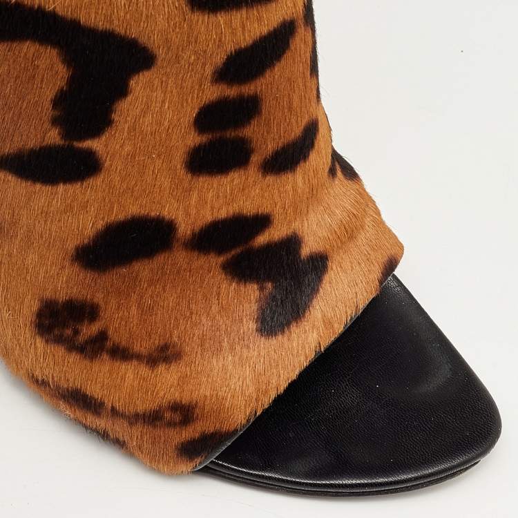 Pre Owned Alexander Wang Brown/Off White Leopard Print Calf Hair Alla Wedge Booties Size 39