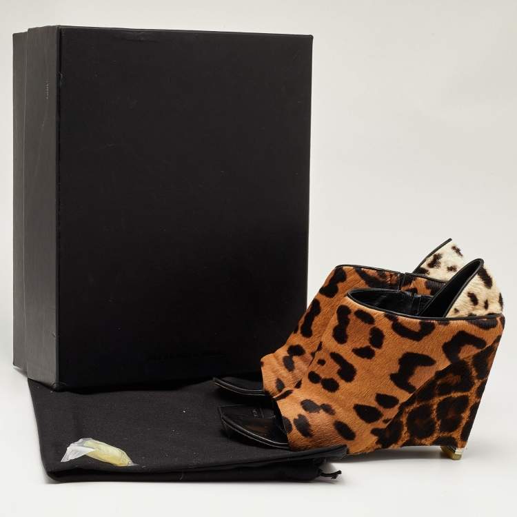 Pre Owned Alexander Wang Brown/Off White Leopard Print Calf Hair Alla Wedge Booties Size 39