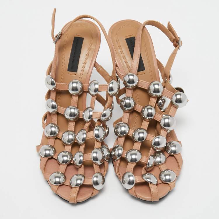 Pre Owned Alexander Wang Beige Studded Leather Sadie Slingback Sandals Size 38