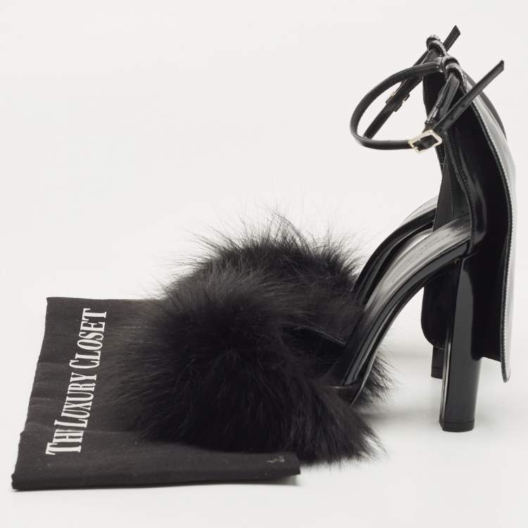 Pre Owned Alexander Wang Black Fur And Patent Ankle Strap Sandals Size 38.5