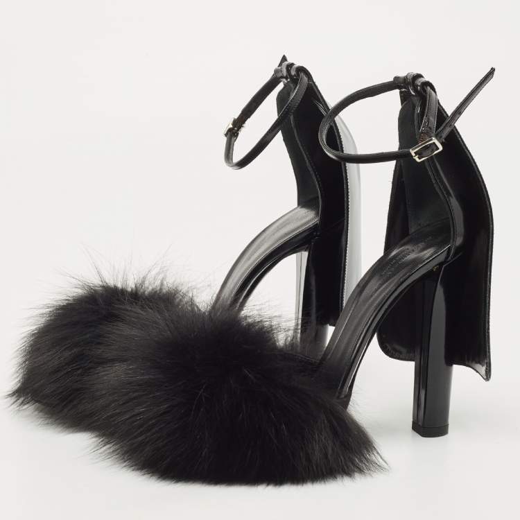 Pre Owned Alexander Wang Black Fur And Patent Ankle Strap Sandals Size 38.5