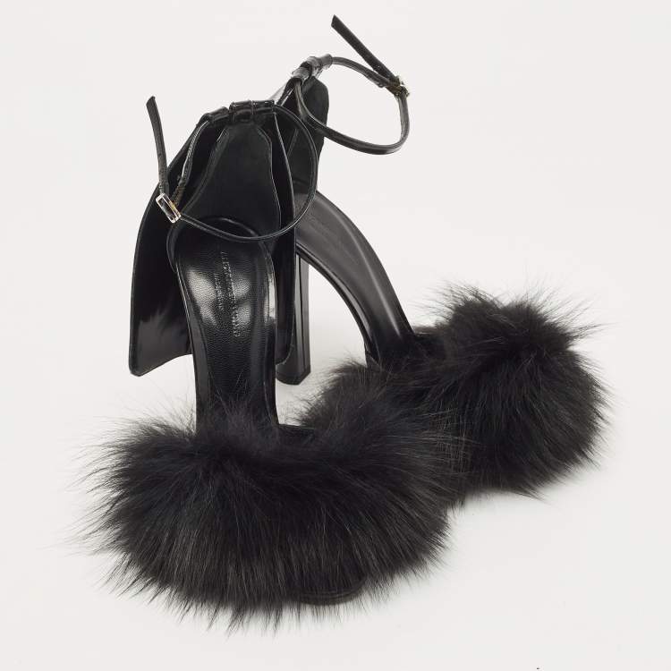 Pre Owned Alexander Wang Black Fur And Patent Ankle Strap Sandals Size 38.5