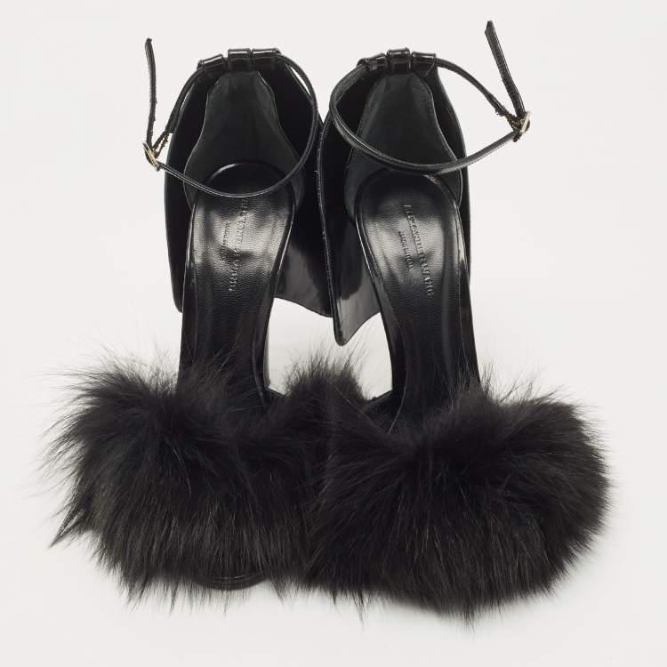 Pre Owned Alexander Wang Black Fur And Patent Ankle Strap Sandals Size 38.5