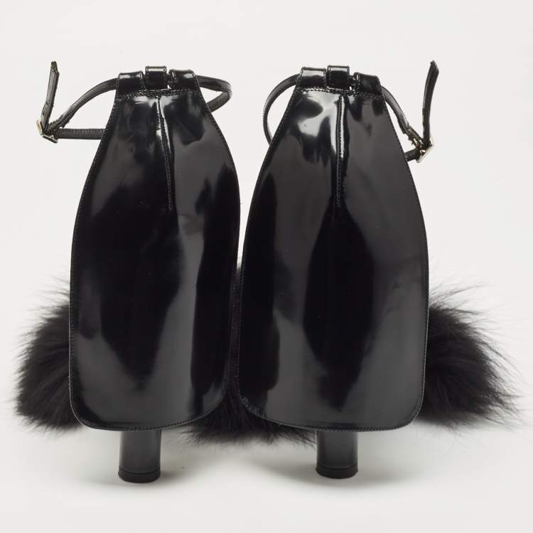Pre Owned Alexander Wang Black Fur And Patent Ankle Strap Sandals Size 38.5