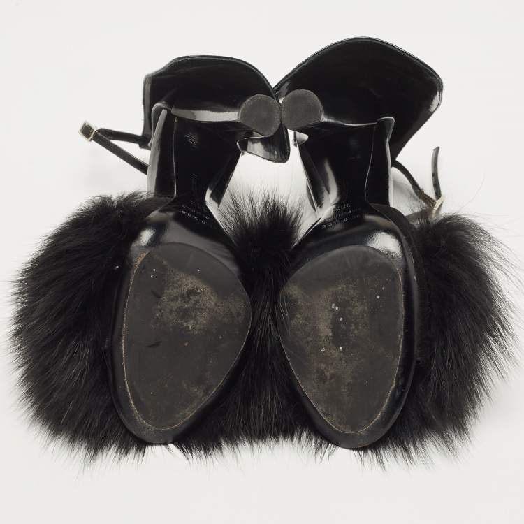 Pre Owned Alexander Wang Black Fur And Patent Ankle Strap Sandals Size 38.5