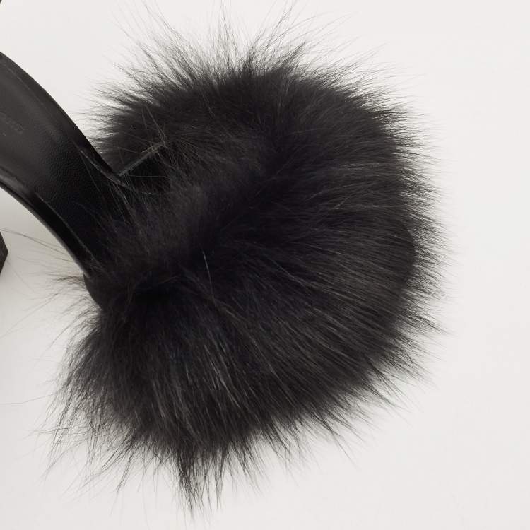 Pre Owned Alexander Wang Black Fur And Patent Ankle Strap Sandals Size 38.5