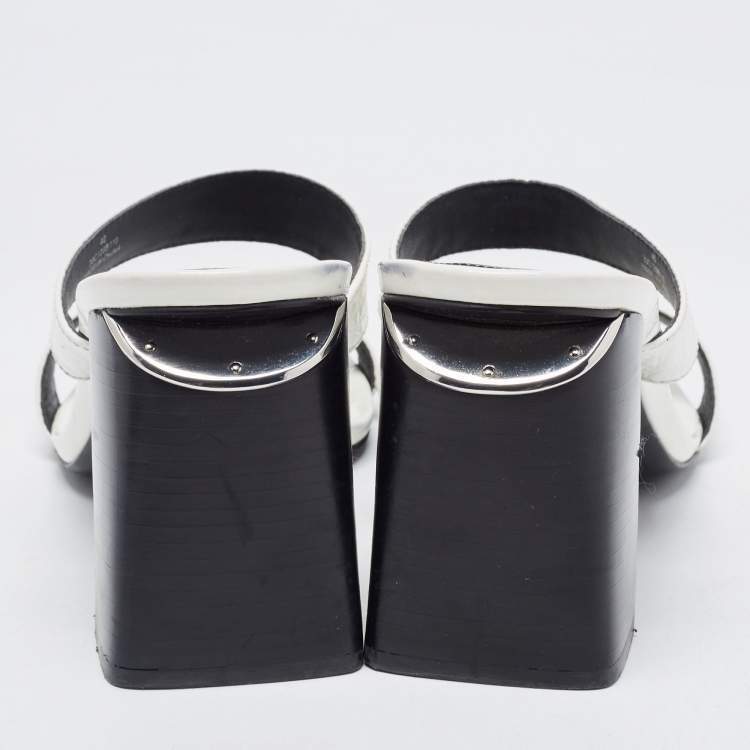 Pre Owned Alexander Wang White Croc Embossed Patent Leather Block Heel Slide Sandals Size 40