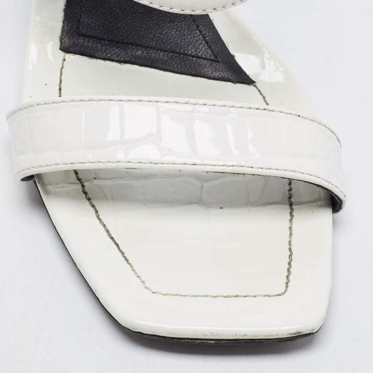 Pre Owned Alexander Wang White Croc Embossed Patent Leather Block Heel Slide Sandals Size 40