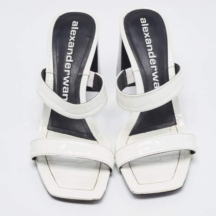 Pre Owned Alexander Wang White Croc Embossed Patent Leather Block Heel Slide Sandals Size 40