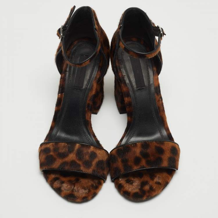 Pre Owned Alexander Wang Brown Leopard Print Calf Hair Block Heel Ankle Strap Sandals Size 37