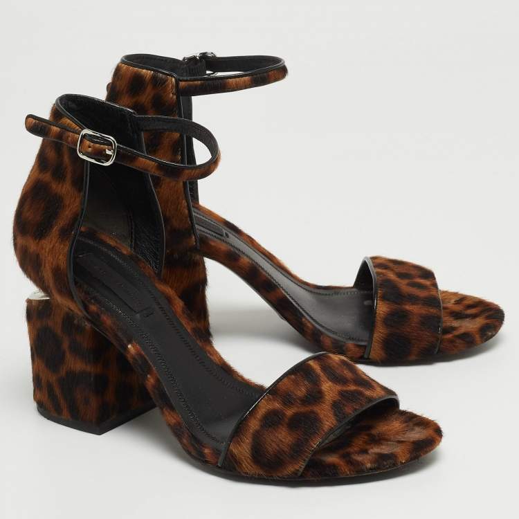 Pre Owned Alexander Wang Brown Leopard Print Calf Hair Block Heel Ankle Strap Sandals Size 37