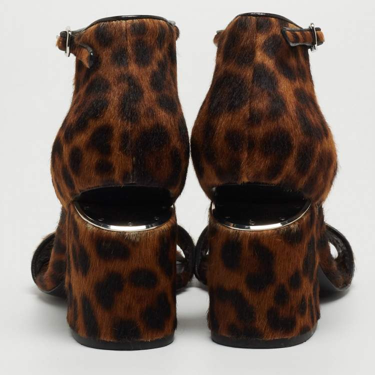 Pre Owned Alexander Wang Brown Leopard Print Calf Hair Block Heel Ankle Strap Sandals Size 37