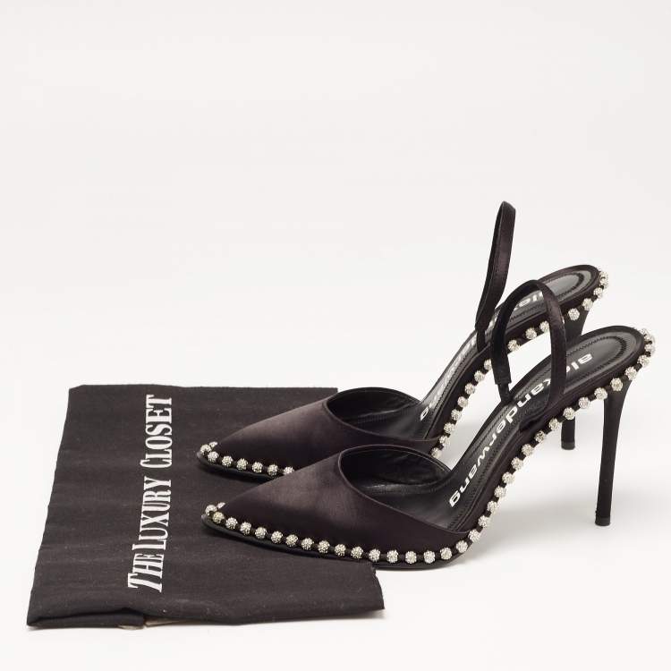 Pre Owned Alexander Wang Black Satin Rina Crystal Embellished Slingback Pumps Size 37