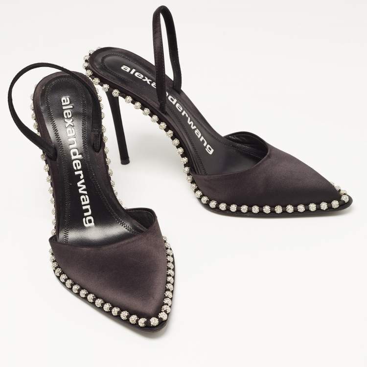 Pre Owned Alexander Wang Black Satin Rina Crystal Embellished Slingback Pumps Size 37