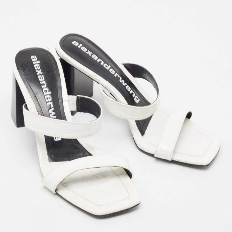 Pre Owned Alexander Wang White Croc Embossed Patent Leather Block Heel Slide Sandals Size 39