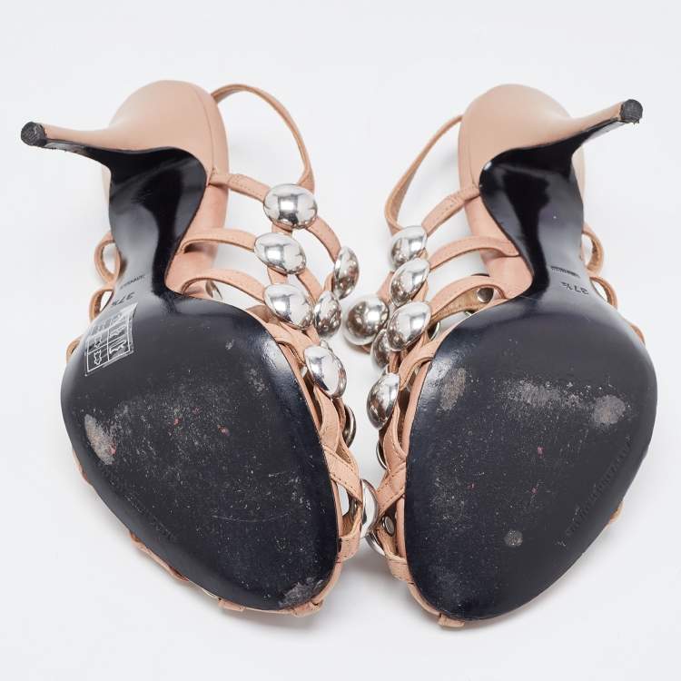 Pre Owned Alexander Wang Nude Leather Sadie Studded Caged Sandals Size 37.5