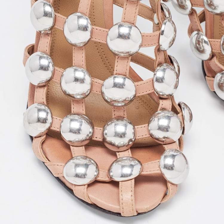 Pre Owned Alexander Wang Nude Leather Sadie Studded Caged Sandals Size 37.5