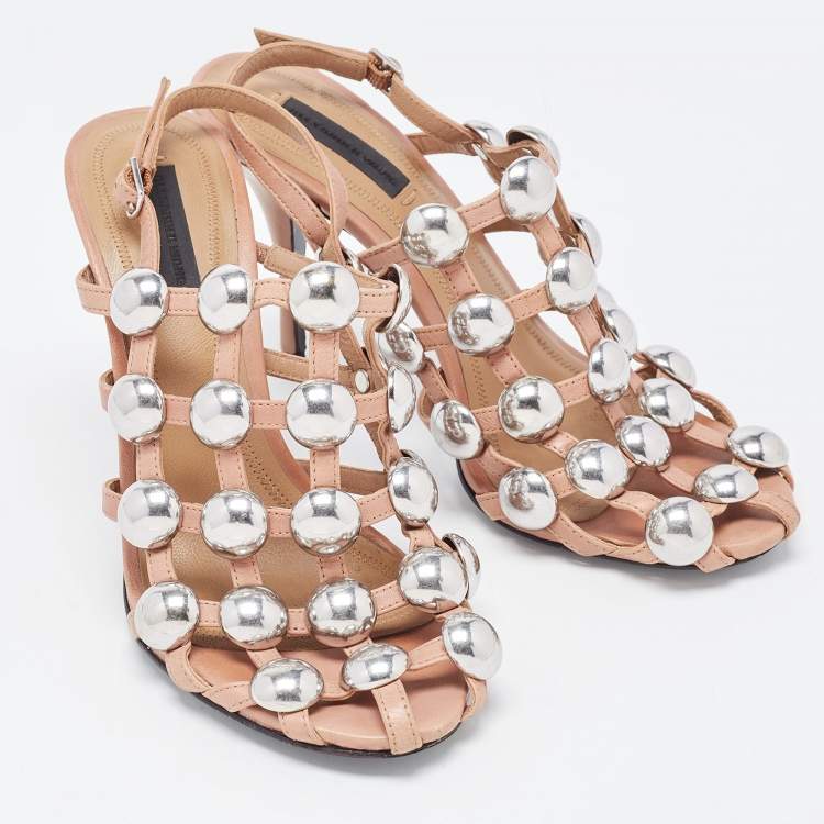 Pre Owned Alexander Wang Nude Leather Sadie Studded Caged Sandals Size 37.5
