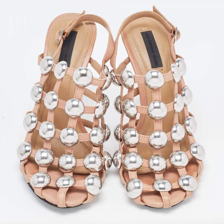 Pre Owned Alexander Wang Nude Leather Sadie Studded Caged Sandals Size 37.5