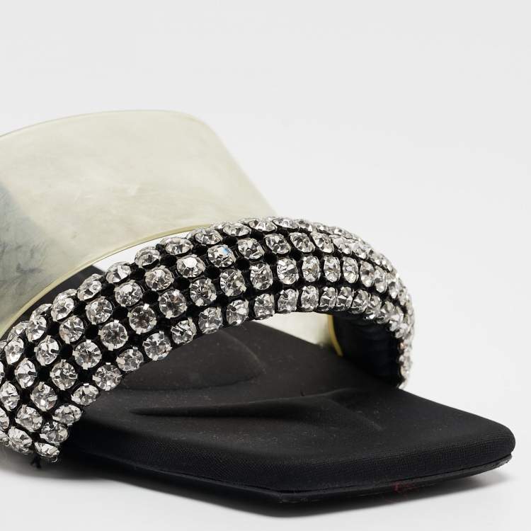 Pre Owned Alexander Wang Black Crystal Embellished Fabric and PVC Jessie Slide Sandals Size 39.5