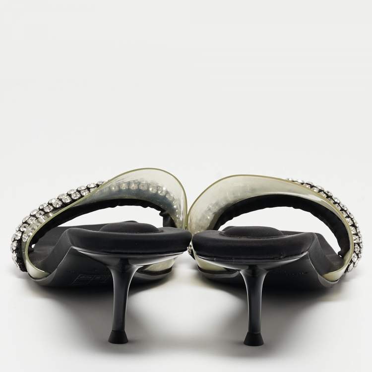 Pre Owned Alexander Wang Black Crystal Embellished Fabric and PVC Jessie Slide Sandals Size 39.5