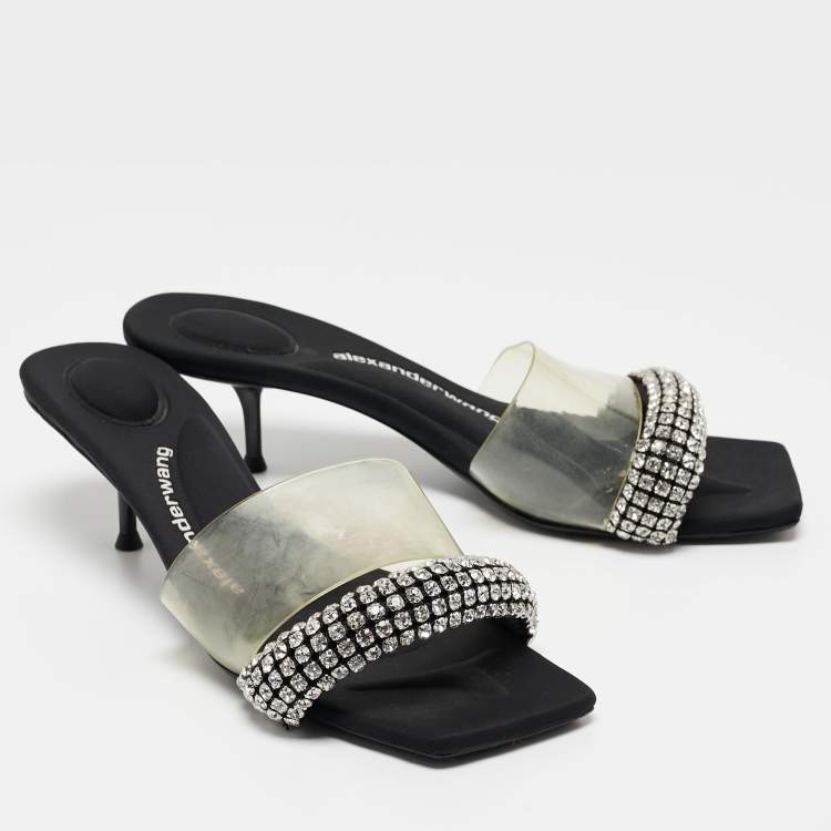 Pre Owned Alexander Wang Black Crystal Embellished Fabric and PVC Jessie Slide Sandals Size 39.5