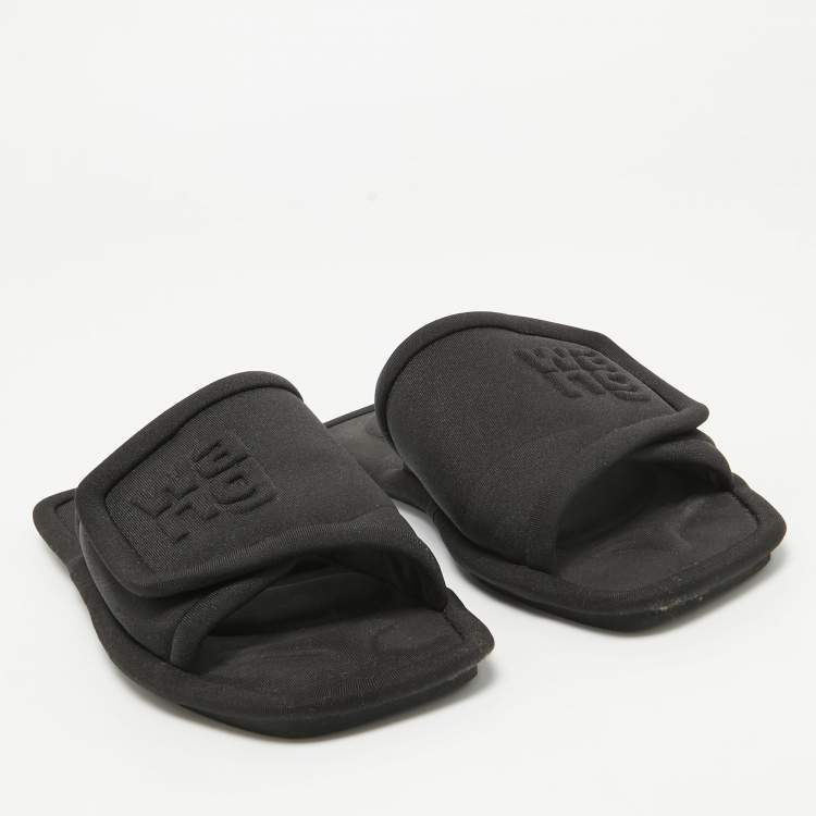 Pre Owned Alexander Wang Black Padded Jersey Logo Embossed Flat Slides Size 37