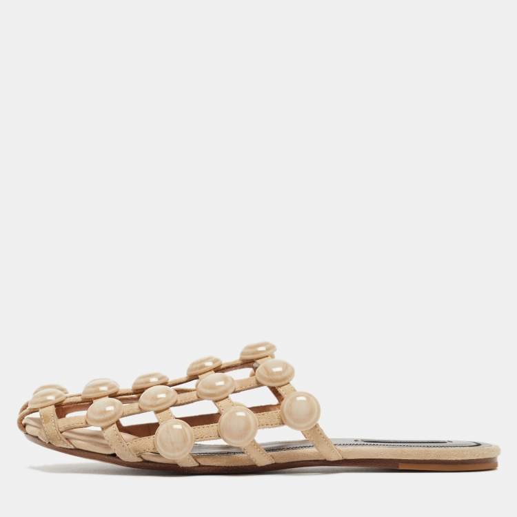 Pre Owned Alexander Wang Beige Leather Amelia Flat Mules Size 38.5