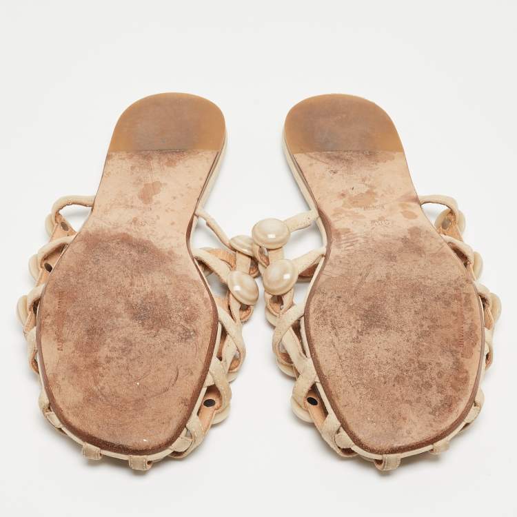 Pre Owned Alexander Wang Beige Leather Amelia Flat Mules Size 38.5