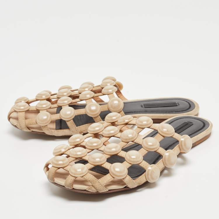 Pre Owned Alexander Wang Beige Leather Amelia Flat Mules Size 38.5