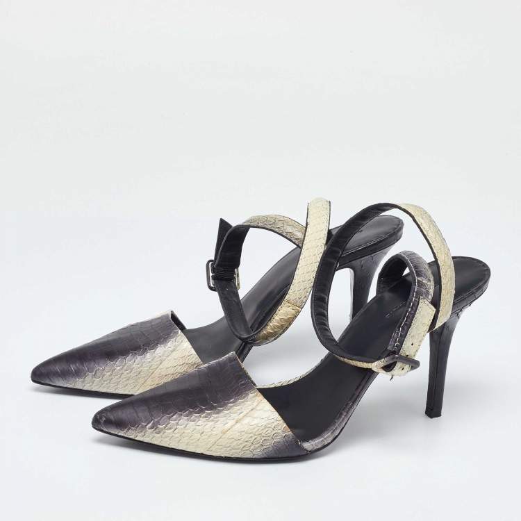 Pre Owned Alexander Wang Black/Beige Python Leather Ankle Strap Pumps Size 40.5