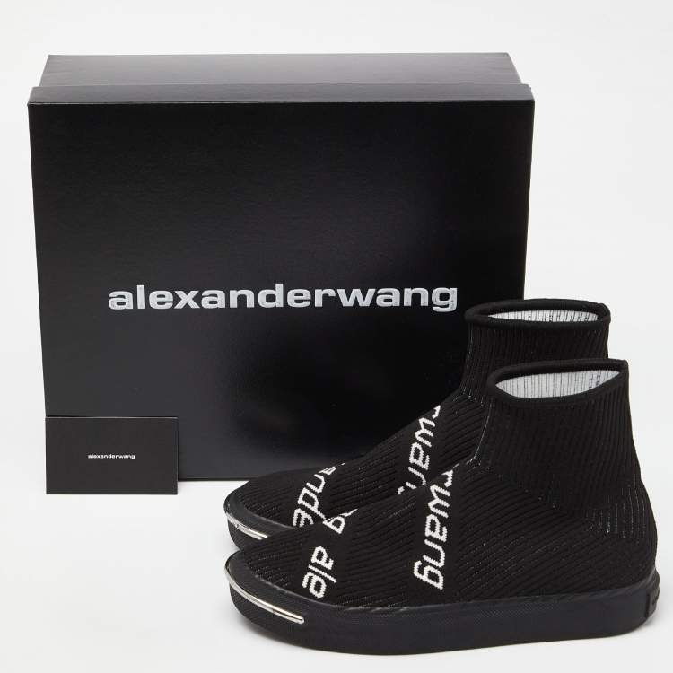 Pre Owned Alexander Wang Black Knit Fabric Pia Logo High Top Sneakers Size 38