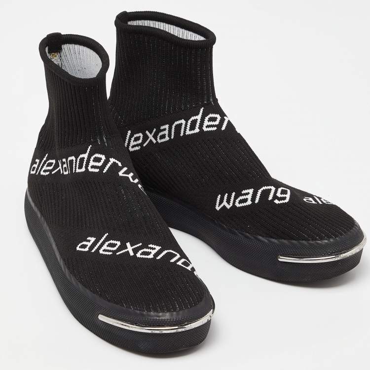 Pre Owned Alexander Wang Black Knit Fabric Pia Logo High Top Sneakers Size 38