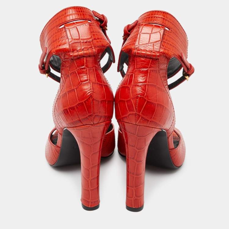 Pre Owned Alexander Wang Orange Croc Embossed Leather Ankle-Strap Sandals Size 39.5