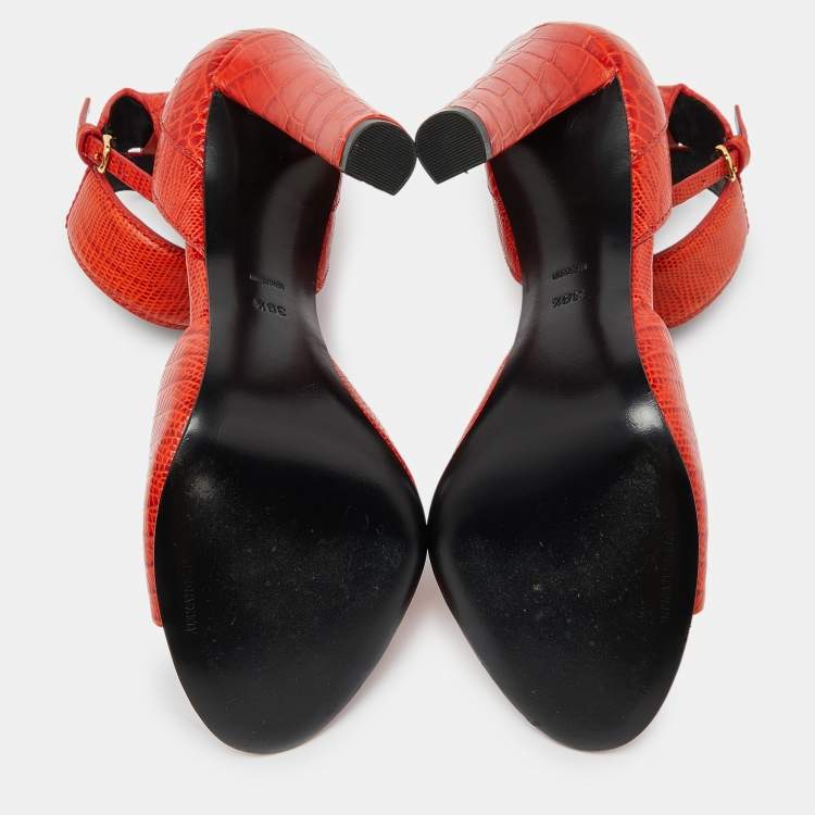 Pre Owned Alexander Wang Orange Croc Embossed Leather Ankle-Strap Sandals Size 39.5