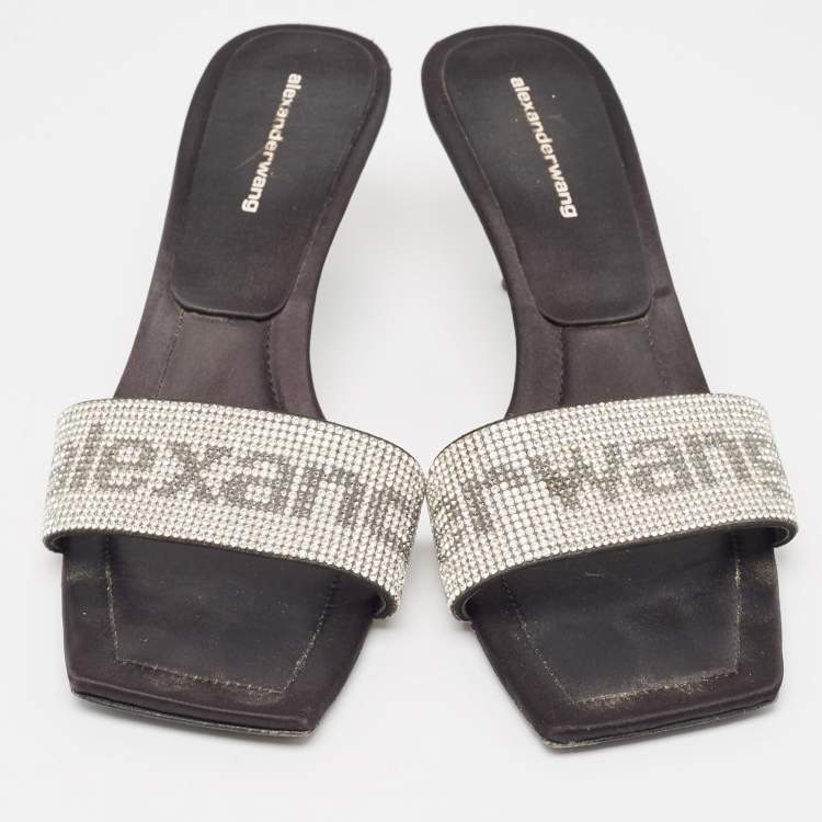 Pre Owned Alexander Wang Black Satin Embellished Slide Sandals Size 39