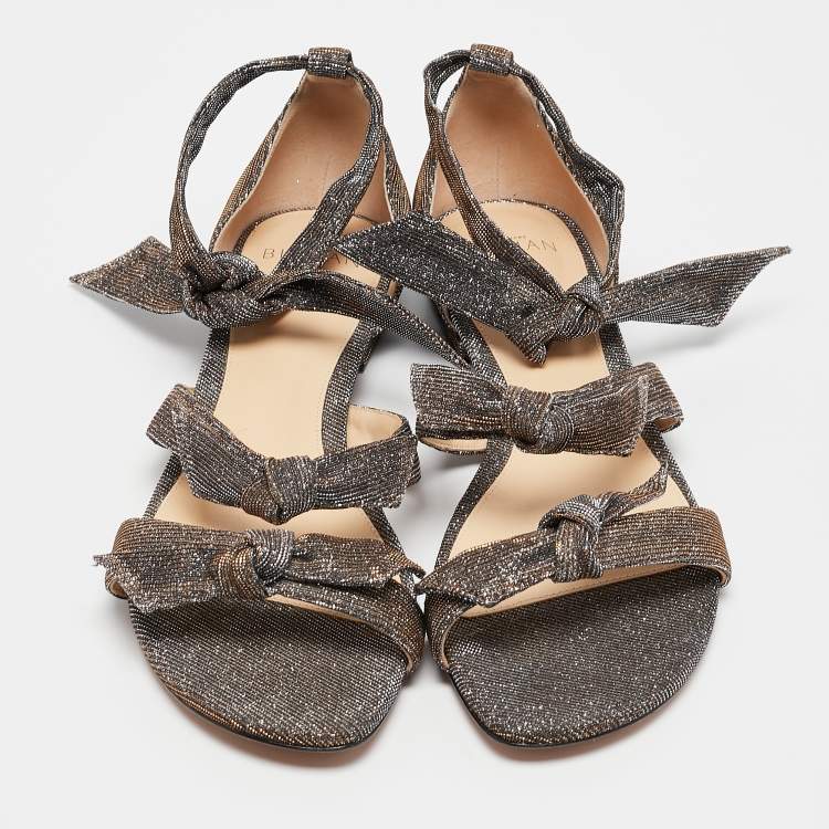 Pre Owned Alexandre Birman Silver/Brown Glitter Ankle-Wrap Flat Sandals Size 40