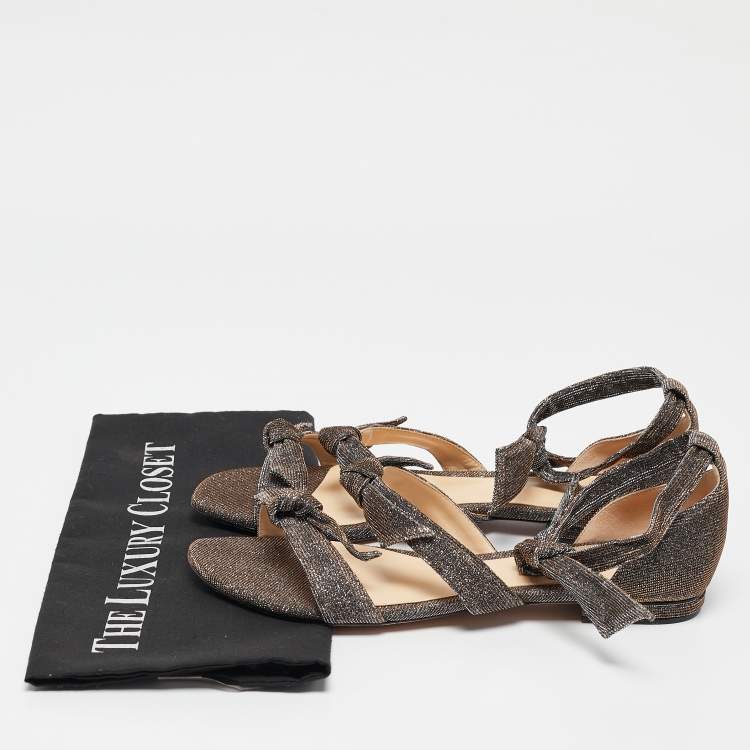 Pre Owned Alexandre Birman Silver/Brown Glitter Ankle-Wrap Flat Sandals Size 40