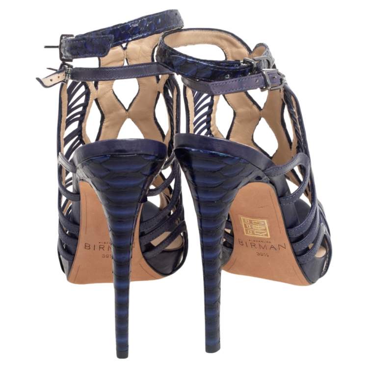 Pre Owned Alexandre Birman Blue Python Leather Caged Zipper Sandals Size 39.5
