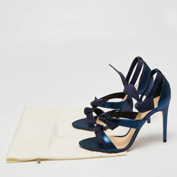 Pre Owned Alexandre Birman Navy Blue Glitter Fabric and Suede Gianna Three Bow Ankle Tie Sandals Size 40