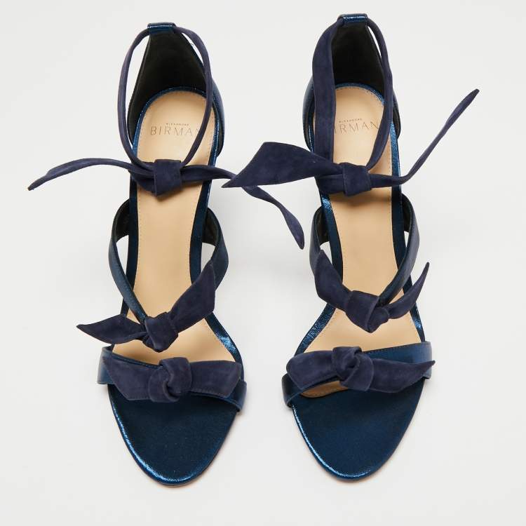 Pre Owned Alexandre Birman Navy Blue Glitter Fabric and Suede Gianna Three Bow Ankle Tie Sandals Size 40