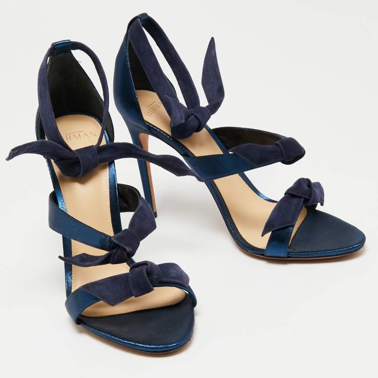 Pre Owned Alexandre Birman Navy Blue Glitter Fabric and Suede Gianna Three Bow Ankle Tie Sandals Size 40