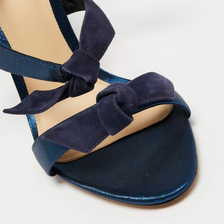 Pre Owned Alexandre Birman Navy Blue Glitter Fabric and Suede Gianna Three Bow Ankle Tie Sandals Size 40