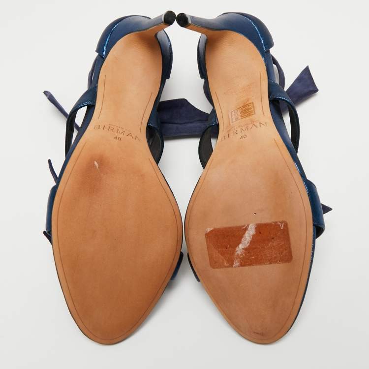 Pre Owned Alexandre Birman Navy Blue Glitter Fabric and Suede Gianna Three Bow Ankle Tie Sandals Size 40
