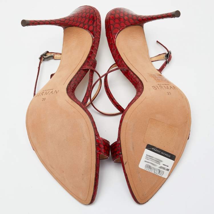 Pre Owned Alexandre Birman Red Python Leather Ankle Strap Sandals Size 39