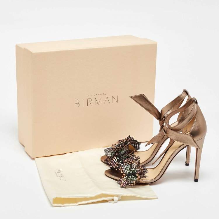 Pre Owned Alexandre Birman Gold Leather and Mesh Clarita Ankle Strap Sandals Size 37.5