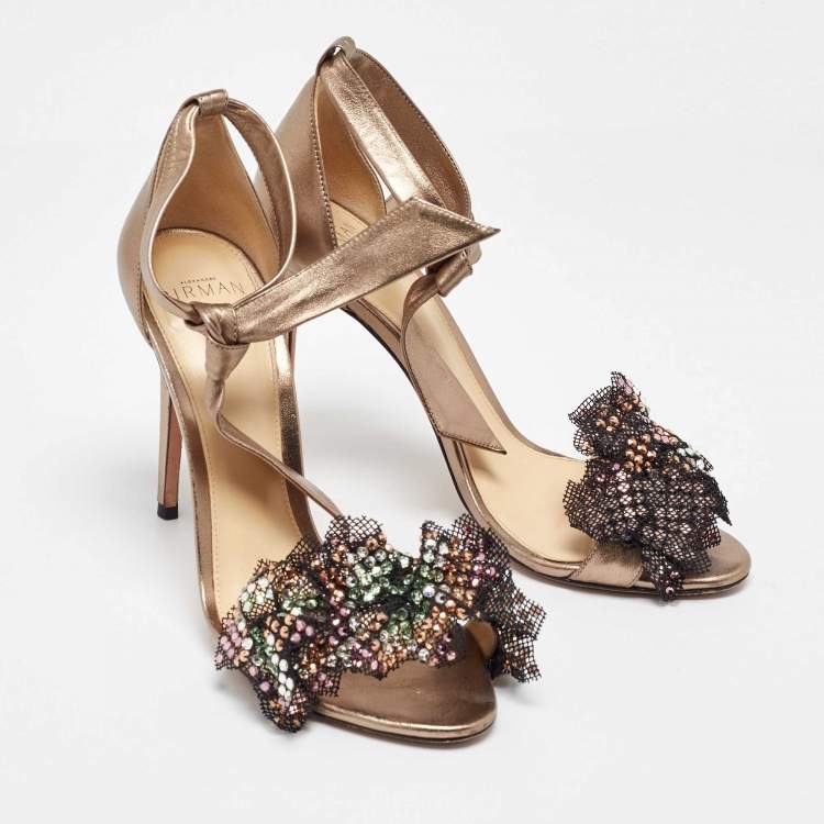 Pre Owned Alexandre Birman Gold Leather and Mesh Clarita Ankle Strap Sandals Size 37.5