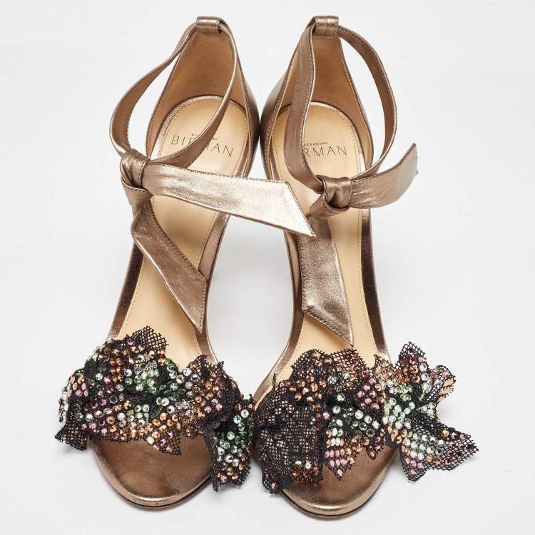 Pre Owned Alexandre Birman Gold Leather and Mesh Clarita Ankle Strap Sandals Size 37.5