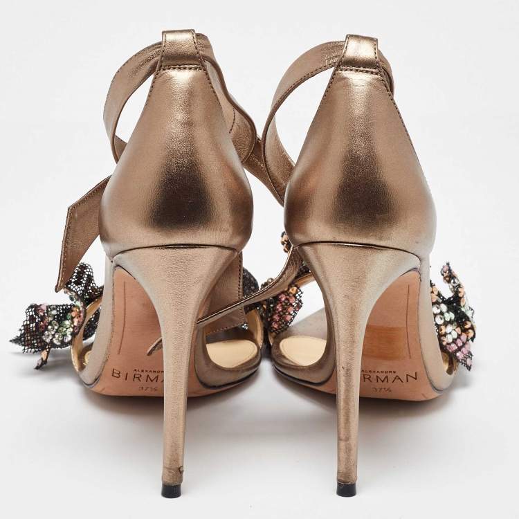 Pre Owned Alexandre Birman Gold Leather and Mesh Clarita Ankle Strap Sandals Size 37.5
