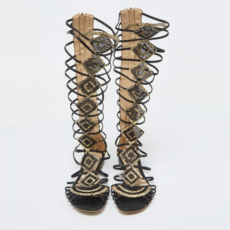 Pre Owned Alexandre Birman Multicolor Snakeskin Leather Abbe Gladiator Flat Sandals Size 38.5